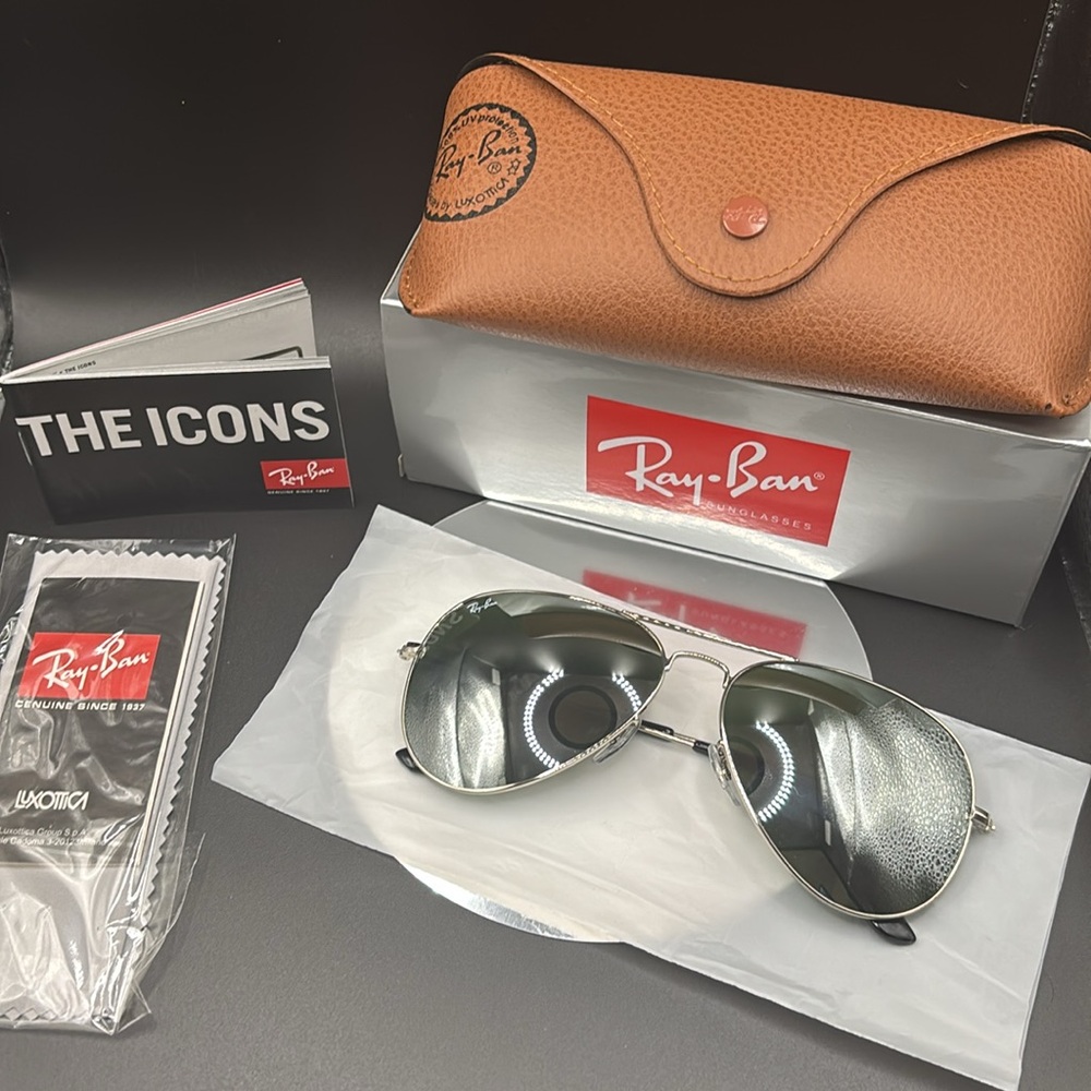 Ray-Ban Sunglasses aviators black mirror silver large original Brown Case NWT